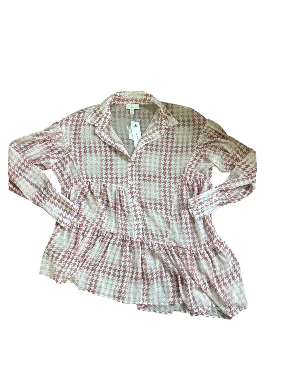 NWT Topshop Ruffle Houndstooth Blouse - Pink/White